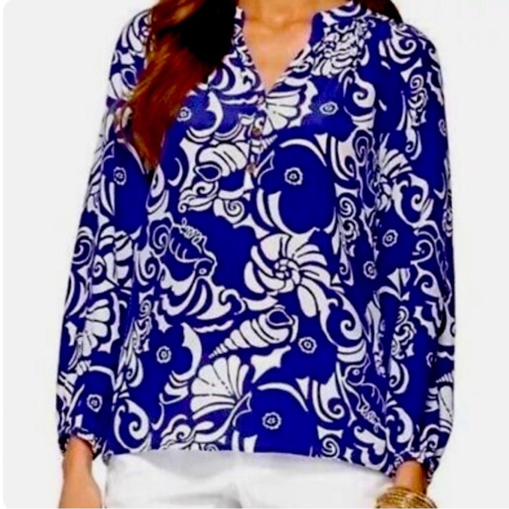 Lilly Pulitzer Elsa Silk Smocked Relaxed Button Front Blouse Tide Pools Navy